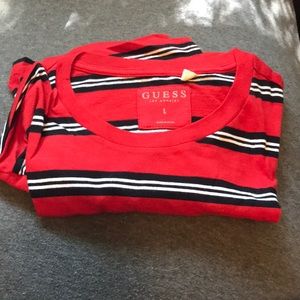 Red black and white striped guess shirt